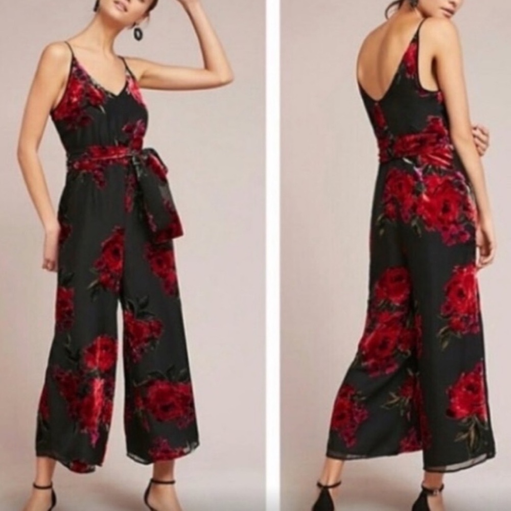 Anthropologie Ett Twa Floral Velvet Jumpsuit Sleeveless Black Red Sz XS